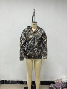 Kami's Casual Camo Printed Loose Zippered Hooded Sweatshirt For Women ,Light Outdoor Sports Jacket For Spring,Thin Fleece,New Year,Carnival,Tops - Olive Green - View 8