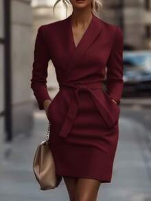 1pc Women's Elegant Solid Color Knit Dress - Burgundy - View 4