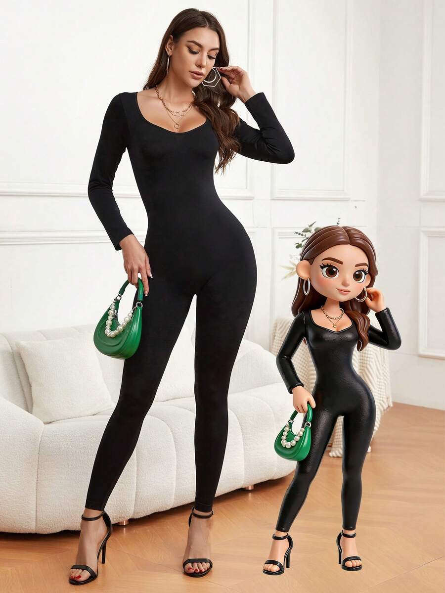 Women's Solid Color Shapewear Jumpsuit: Waist Cinching, Butt Lifting, Minimalist Slim Fit, Suitable For Everyday Wear - Black - View 1