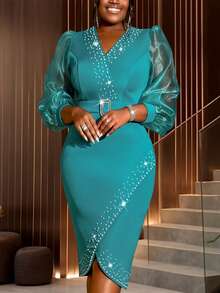 AOMEI 优雅串珠雪纺V领长袖连衣裙，饰以珍珠和不对称荷叶边下摆，奢华晚礼服，适合节日、宴会、生日派对、伴娘、单身派对、毕业典礼、返校节、圣诞派对、新年夜等正式场合，时尚晚礼服系列。婚礼春季派对 - 綠色 - 查看 2