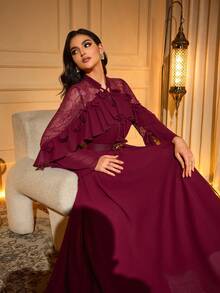Elegant Women's Long Sleeve Stand Collar Tie-Waist Ruffle Hem Bell-Sleeve Woven Dress With Belt, Perfect For Parties Or Romantic Occasions Party - Burgundy - View 4