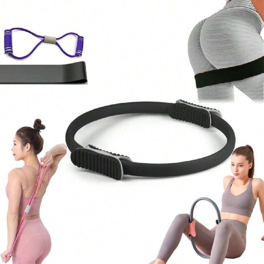 Kit de Pilates en Casa 3 PCS - Incluir Aro de Pilates 3D Mango Antideslizante,Bandas de Resistencia Elastica y Cuerda Yoga 8 Formas, para Fortalece Músculos Centrales y Suelo Pelvico,39863568 - Celeste - Ver 1