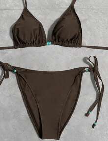 Plus Size Women's Beaded Tie-Up Two Pieces Bikini Set, Suitable For Vacation, Beach, Date, Valentine's Day. Brown Strap Triangle Cup Tie-Up Swimsuit Set - Brown - View 4