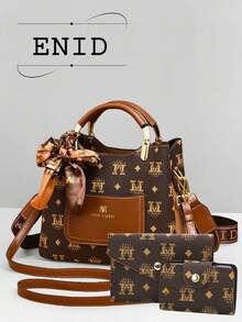 New Stylish & Elegant Middle-Aged Women's Printed Handbag Set, Versatile Large Capacity Shoulder Bag & Crossbody Bag With Small Square Bag - Brown - View 9