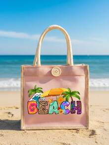 Coconut Tree Seaside Pattern Storage Bag And Cosmetic Bag Set, Linen Tote Bag, Colorful Beach Letters Pattern Gift Bag,Portable Shopping Bag, Lightweight Foldable Storage Bag, Minimalist Shopping Bag, Best Reusable Grocery Bag, Teacher'S Day Gift Bag, Valentine'S Day Gifts, Ramadan Mubarak, Ramadan Gifts,Back-To-School Gift, Summer Vacation, Beach Trip - Multicolor - View 6