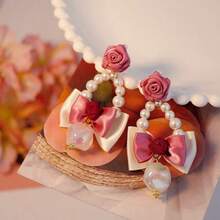 New Valentine's Day Pink Rose & Pearl Earrings, Suitable For Women's Holiday Wear