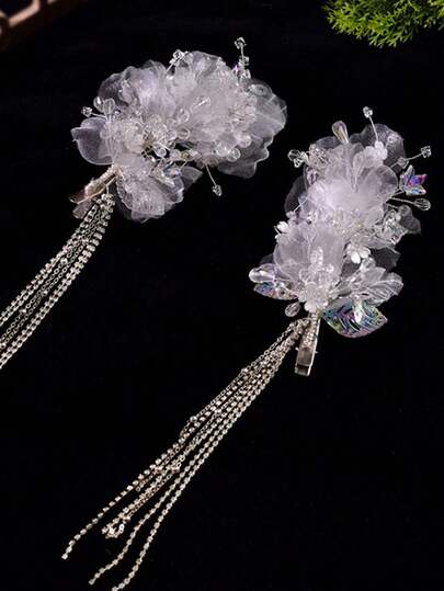 1件优雅花朵网纱流苏发夹，精致侧刘海发夹，新娘发饰，百搭发饰，节日礼物