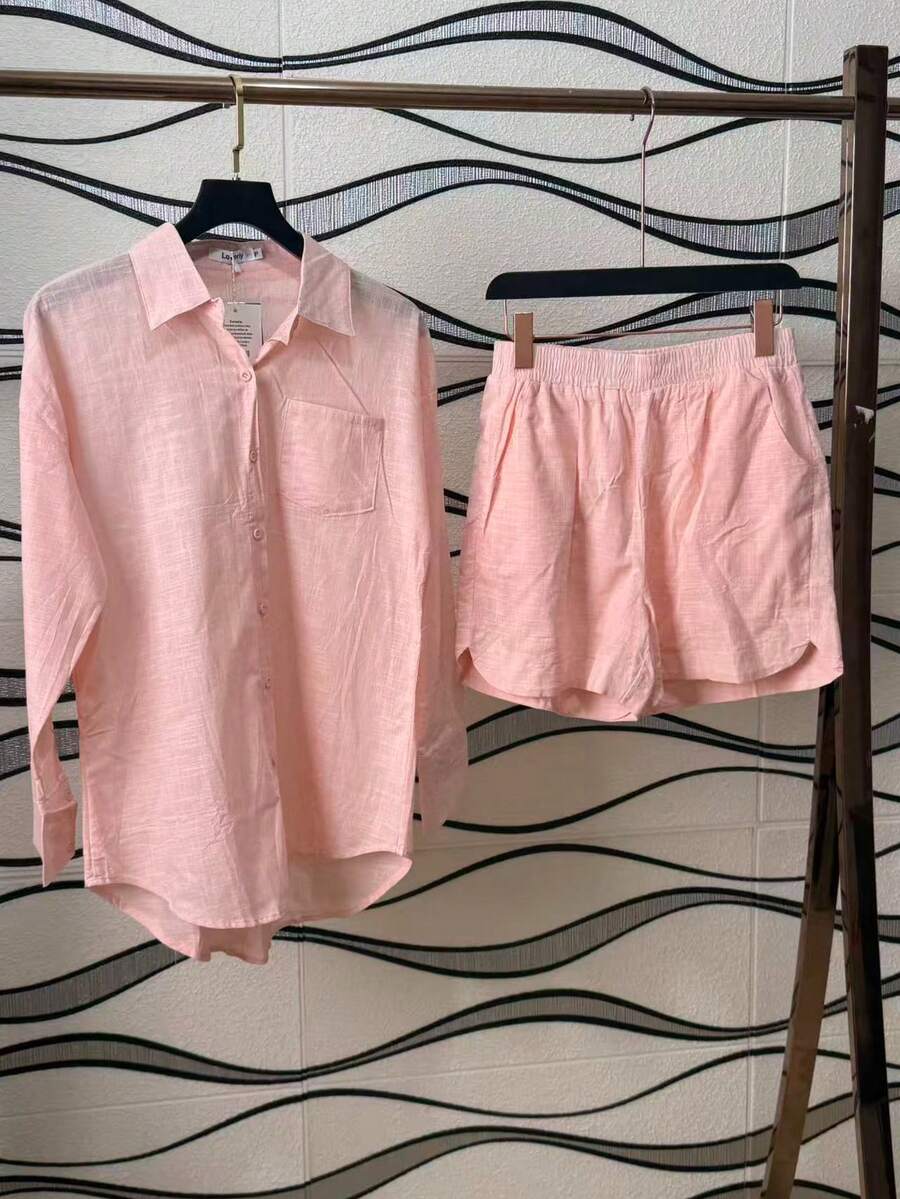 Women's Linen Set With Lined Shorts And Shirt - 淺粉色 - 查看 1