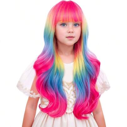 Rainbow Wig For Girls, Long Colorful Wavy Curly, Multicolored, With Straight Bangs, Heat Resistant, Kids