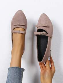 女士纯色蝴蝶结尖头绒面玛丽珍鞋，优雅学院风，四季皆宜 - 卡其色 - 查看 1