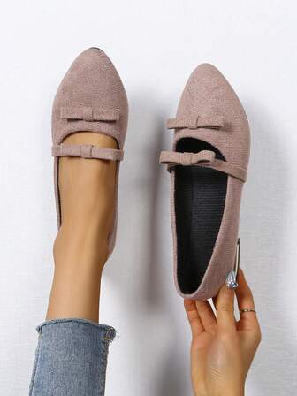 Women's Solid Color Bow Tie Pointed Toe Suede Mary Jane Shoes, Elegant School Style, Versatile For All Seasons