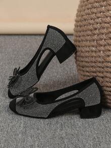 Quadratische Zehenkappe Plateau-Absatz Slip-On Schuhe, vielseitige Schleifendekor Schuhe, modische Loafer, schwarze High Heels, eine Nummer größer laufen, Größe 35-43 - Hohler schwarzer Sternenhimmel (Schwarzer Diamantbogen) - Übersicht 5