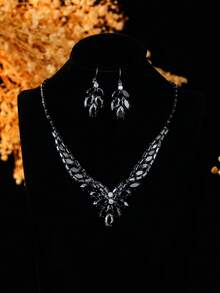 Black Zirconia Leaf Jewelry Set, Elegant Necklace + Earrings, Shiny Accessories For Party & Date - Multicolor - View 9
