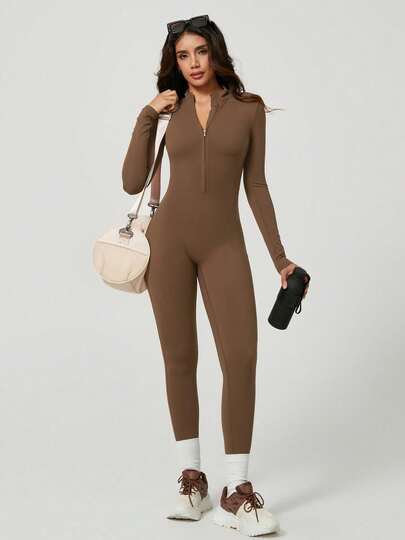 Solid Color Long Sleeve Slim Fit Ribbed Jumpsuit Long Sleeve Women Jumpsuits,Thermal For Outdoor Hiking,Christmas Winter Clothes Women,All In One Jumpsuit Resort Skiing Sports Women Zip Up Jumpsuit Sports Jumpsuits