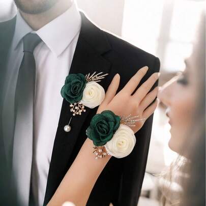 1pc Boutonniere/1pc Wrist Corsage, Penang Fragrance Green/Pink Dual Pendant Waist Belt Decor For Wedding, Groom, Bride, Cocktail Party, Brooch, Bridal, Bridesmaid, Dance, Daily Bracelet