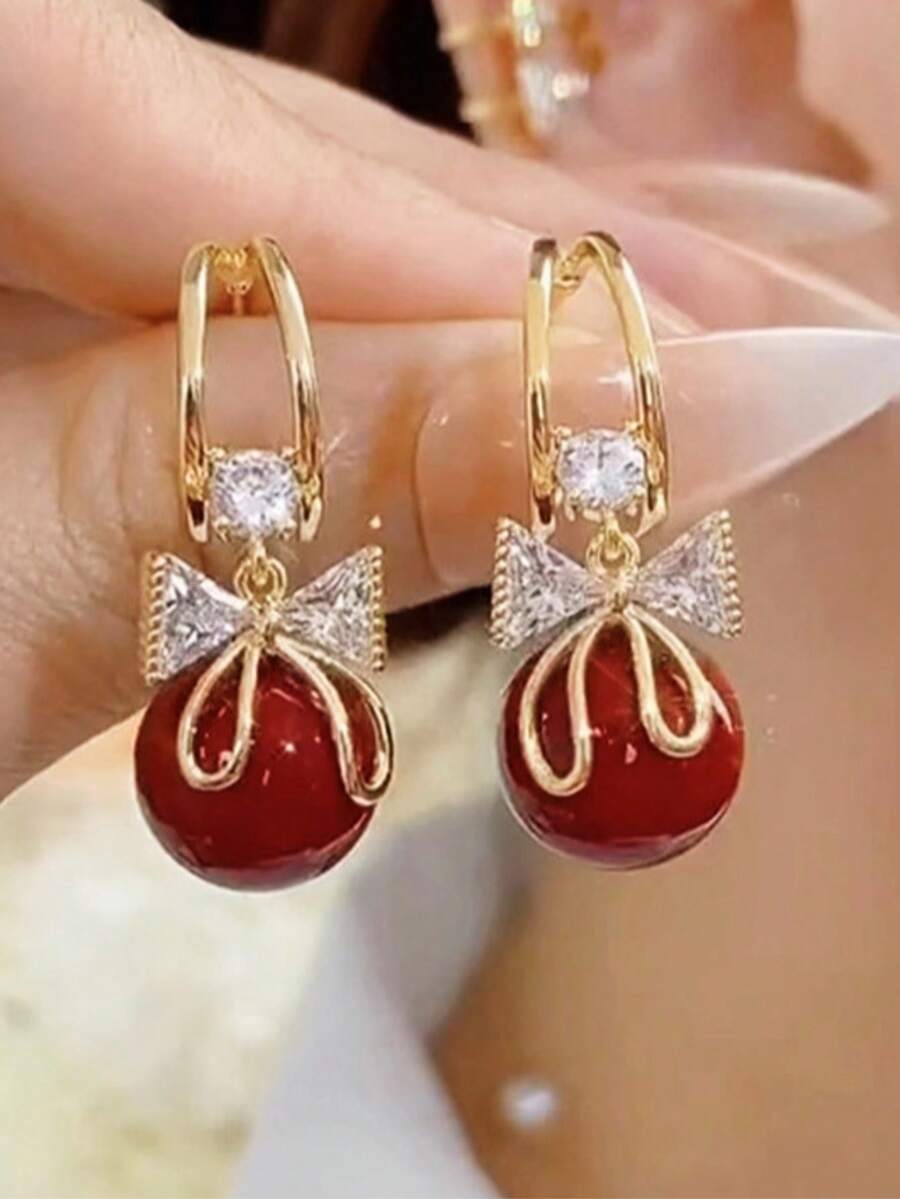 1 Pair Luxury Unique Design Red Pearl Bow Earrings, Fashionable Earrings For Women - Red - View 1