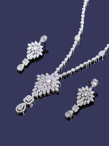 3件套镀铑奢华皇家风格V形几何设计新娘结婚首饰套装，适合日常、婚礼、晚宴佩戴 - B4313-R - 查看 3