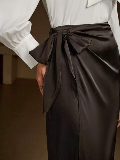 Elegant Black High Waist Side Tie Satin Midi Skirt For Spring Formal Office Outfits Summer
