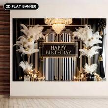 1 tấm phông nền sinh nhật 2D phẳng, kiểu đen & vàng, vải polyester, trang trí trang sức vàng, vòng hoa lông vũ, thích hợp trang trí tiệc sinh nhật, lễ kỷ niệm, họp mặt, lễ hội, phông nền sinh nhật, trang trí bàn bánh, trang trí tường, trang trí nhà/vườn/trong nhà/ngoài trời, phông nền chụp ảnh, đồ dùng trang trí tiệc/quà tặng. - Nhiều màu - Xem 8