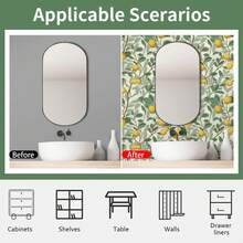 1卷清新柑橘植物自粘墙纸，浅绿色和淡黄色叶子、枝条和果实图案，可移除乙烯基材质，即撕即贴装饰墙贴，复古插画风格墙纸，自然艺术家居装饰贴纸，尺寸17.32 x 393.70英寸，适用于客厅、厨房、卧室、浴室、餐厅、家具翻新，易于安装。 - 彩色 - 查看 7