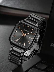 TOMI Quartz Men's Watch Set With Logo Pin & Ring, Stainless Steel Strap, Vintage Textured Blue Dial, Square Case, Luxury Gift Box Suitable For Daily Life, Business Events, Father's Day, Valentine's Day, Christmas, Commuting, Dating