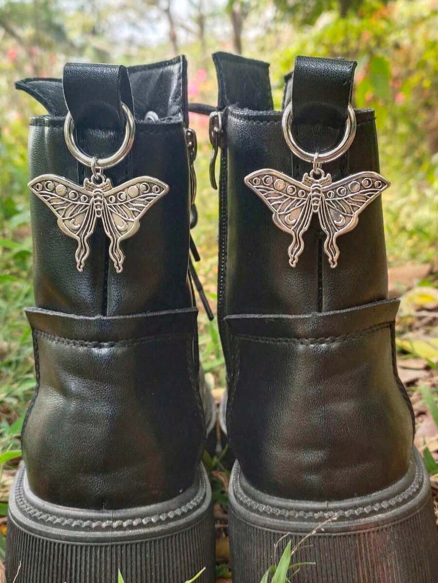 2 chiếc phụ kiện trang trí giày kiểu Gothic cổ điển hình ngôi sao, mặt trăng, bướm, có thể tháo rời, làm từ kim loại, thích hợp cho giày vải và bốt. - Bạc - Xem 1