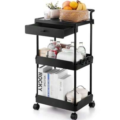 Carrito utilitario rodante de 3 Niveles con cajón Carrito de Cocina con Ruedas bloqueables Carrito de Almacenamiento Multifuncional con asa para Oficina Sala de Estar Cocina estantes