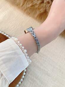 1件装时尚创意百搭小巧个性化女士椭圆形石英表，椭圆形简约表盘，贝壳表盘/水钻姐妹情侣表，适合日常佩戴和节日礼物 - 銀色 - 查看 5