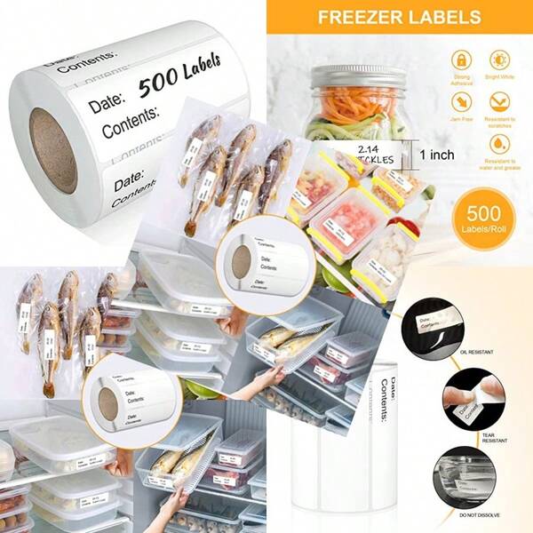 500 piezas Etiquetas para alimentos de 1 x 3 pulgadas, etiquetas para congelador removibles para recipientes de alimentos, tarros de albañil, agua/aceite/resistentes a la rotura sin residuos, etiquetas de almacenamiento de alimentos perfectas para la cocina