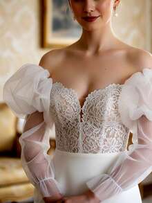 Manches de mariée en organza blanc avec manchettes élastiques, accessoires de mariage - laiteux - Voir 7