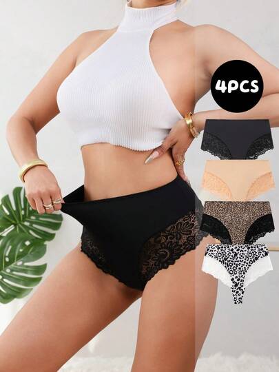 4pcs/Pack Women Seamless Floral Lace Patchwork Leopard & Solid Color High Waist Sexy Fashionable Briefs, Elastic Breathable Comfortable Thong Panties