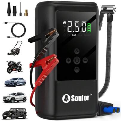 Soulor Arrancador de batería 5 en 1, arrancador de coche de 1000 A/2000 A con bomba de aire de 150 PSI, inflador y desinflador digital de neumáticos, cargador portátil de batería para coche con puerto USB y luz LED para vehículos de gasolina, mante