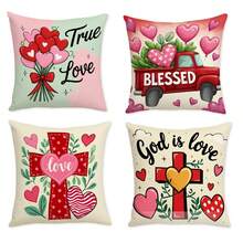 Fundas de almohada para San Valentín, 4 unidades, con estampado de corazones, letras y cruces, para decoración del hogar - Multicolor - Ver 7