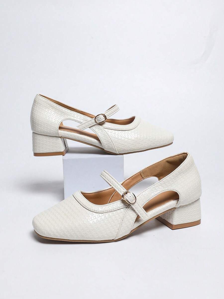 百搭厚底凉鞋，复古编织镂空绑带方头玛丽珍鞋，时尚办公服饰 - 米色 - 查看 1