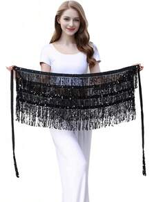 Sequin Belly Dance Scarf Tassel Wrap Sparkly Fringe Skirt With Pair Heart Party Rave Costume Women - 黑色 - 查看 2