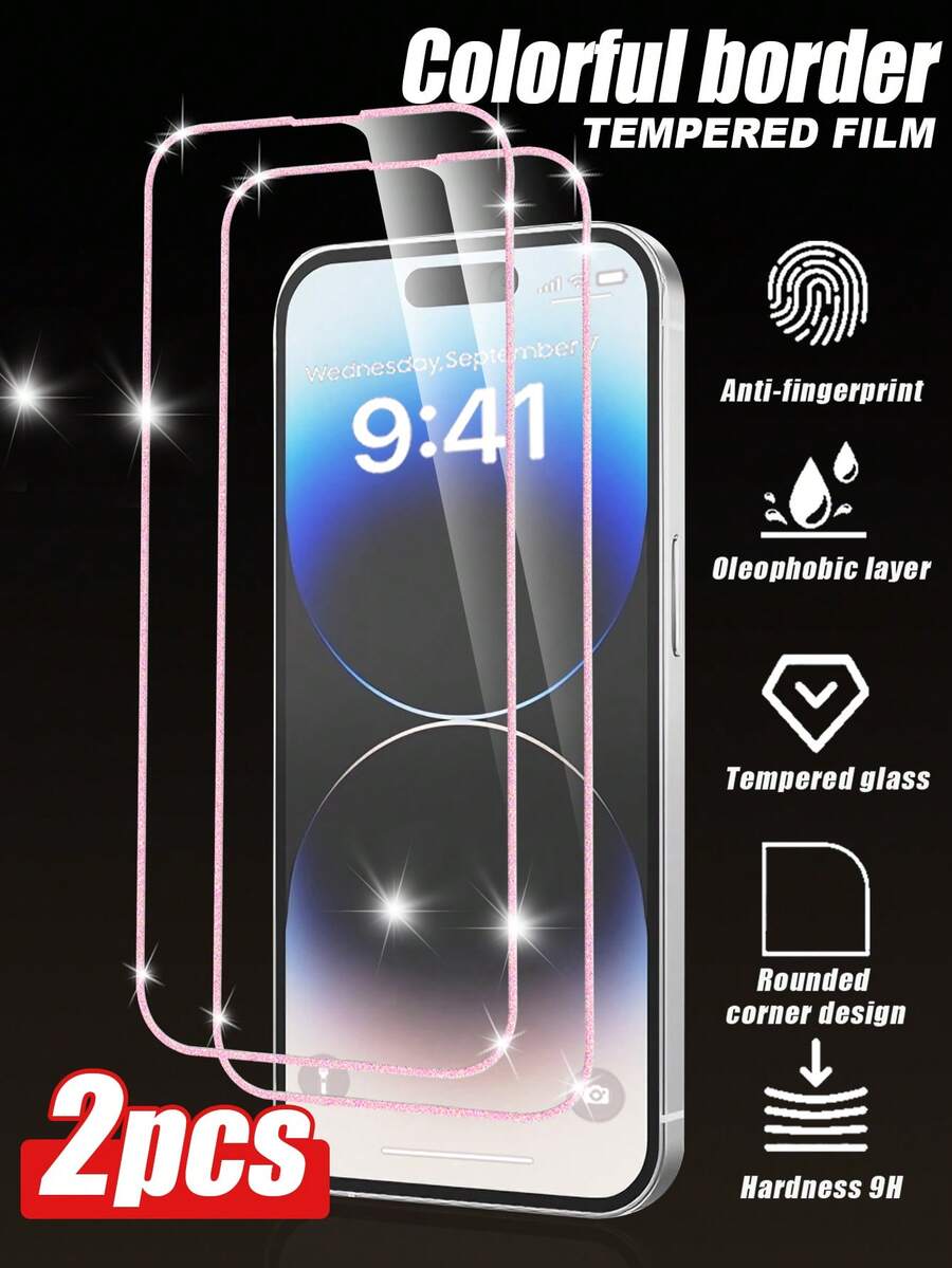 2片装超高清全覆盖屏幕保护膜，粉色闪光边缘，高清晰度和透明度，9H硬度，保护眼睛，高灵敏度，防刮擦，无缝贴合，兼容 7-16系列，适用于商务、办公、家庭娱乐、户外活动。 - 粉色 - 查看 1