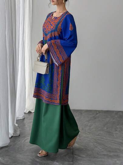 2pcs Women's Set, Blue Placement Print Square Neck Flare Sleeve Crop Top + Green Elastic Waist Skirt, Elegant Arabic Style Luxury Contrast Color Formal Outfit For Party, Holiday, Daily Wear