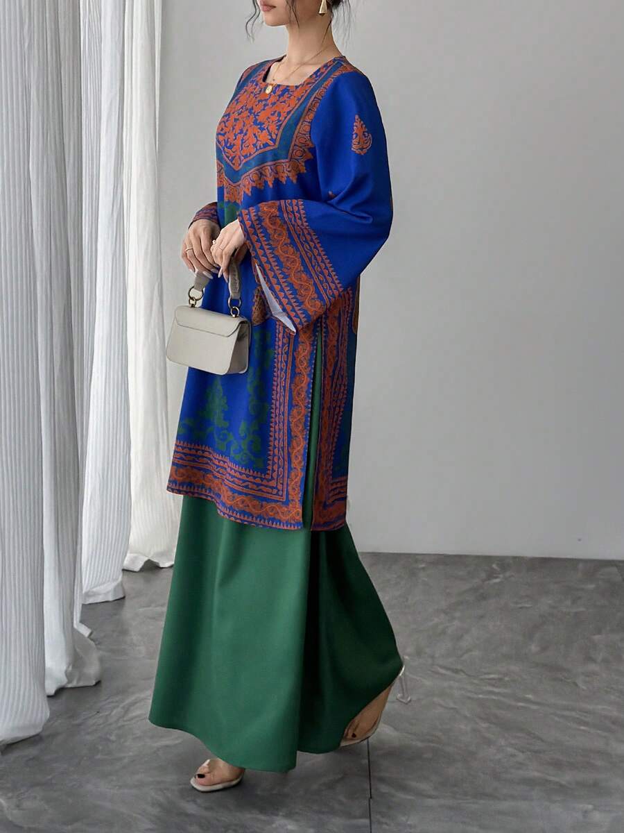 2 piezas Conjunto de mujer, Parte superior corta con mangas acampanadas y cuello cuadrado con estampado de ubicación azul + Falda de cintura elástica verde, Conjunto formal elegante de estilo árabe de lujo con contraste de colores para fiesta, vacaciones y uso diario en primavera - Azul - Ver 1