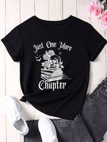 Just One More Chapter Graphic T Shirt Women Casual Short Sleeve Top Books And Roses Design White Cotton Tee Fashion Statement Shirt - 黑色 - 查看 2