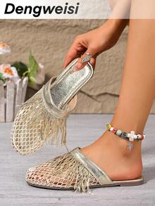 Sandal đế bằng kiểu Bohemian phối lưới vàng, tua rua, thoáng khí, mũi tròn, đa năng, thoải mái, thích hợp đi làm hàng ngày, đi biển, nghỉ dưỡng, mùa xuân hè cho nữ. - Vàng - Xem 2