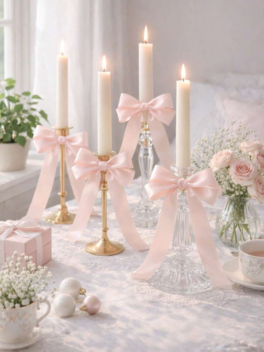 1/4 chiếc nơ ruy băng màu hồng, nơ trang trí lãng mạn cho chân nến, nơ trang trí trung tâm bàn tiệc thanh lịch, trang trí bàn tiệc màu hồng nhạt cổ điển, phù hợp cho trang trí đám cưới, tiệc chiêu đãi, bàn làm việc phòng khách, phòng ngủ, trang trí nến phong cách nhà nông thôn, điểm nhấn nến trang nhã cho bàn ăn, trang trí nơ cho bàn tiệc sự kiện.