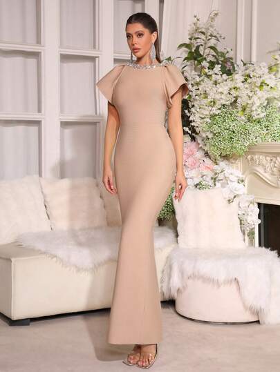 New Apricot Sexy Short Sleeve Round Neck Diamond Slit Dress, Elegant Women's Bridesmaid Gown, Birthday Party Date Night Formal Evening Dress