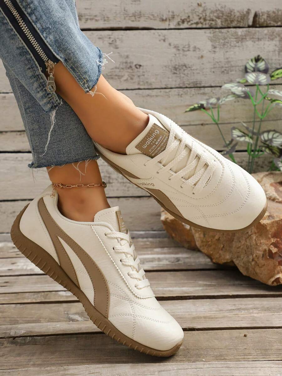 春秋新款休闲卡其色真皮系带多功能时尚女鞋，舒适运动风，大码尺码