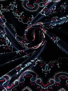 1pc Women's Popular Printed 90cm Square Scarf With Chain, Suitable For Daily Wear Satin Headscarf/Bandana - Cashew Flower - Navy Blue - View 6