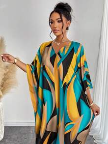 New Summer Loose Drawstring Tie-Dye Women Dress With Notched Collar And Puff Sleeves (Random Print) - Yellow Blue - View 4
