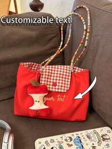 Customizable Large-Capacity Red Plaid Shoulderhandbag; Customizable Tote Bag For Students, Customizable Shoulder Satchel Daypack,Bag For Women, Commuting, And Casual Use. - Multicolor - View 2