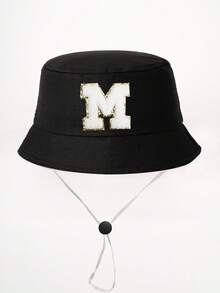 1顶26字母印花儿童渔夫帽+可拆卸防风绳，可调节户外遮阳帽，适合男孩女孩，春秋季旅行、海滩、度假 - 黑色 - 查看 25