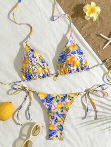 Bộ bikini gợi cảm buộc dây cổ, in hình chanh, dành cho nữ, thích hợp mặc đi biển mùa hè. - Màu Hồng baby - Xem 3