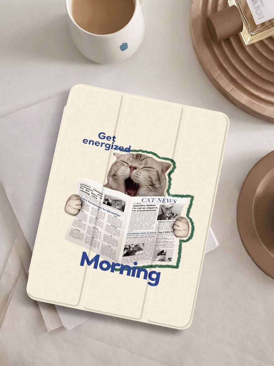 1pc Cat Reading Newspaper Print Tablet Protective Case, Compatible With IPad 10.2 Inch 2021/2020 IPad 10th/9th/8th Gen, IPad (A16) 11 Inch 11th Generation 2025, Galaxy Tab A8 10.5 Inch 2022, Tablet Cover With Pencil Slot, Auto Sleep/Wake - Multicolor - View 1