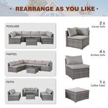 7 Piece Outdoor Rattan Wicker Patio Conversation Sets All Weather With Glass Tables And Cushions, Suitable For Gardens, Terraces, Balconies, Swimming Pools, Courtyards, Etc.(Light Gray) - 淺灰色 - 查看 6